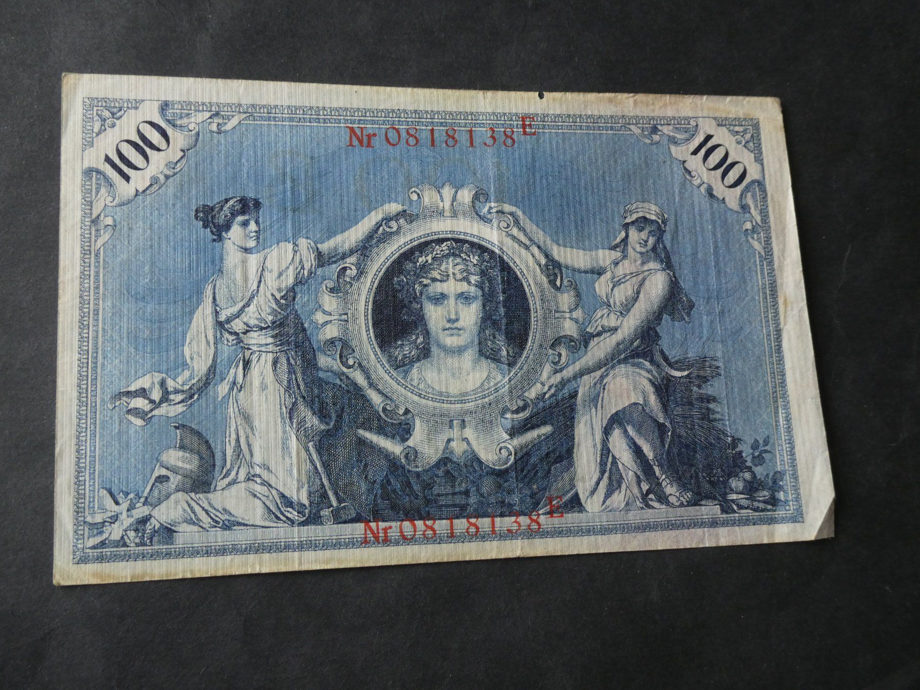 Banknoten: Dt. Reich 1908, 100 Mark KN rot – Gebraucht aus Hinterforst von Rohusri 1