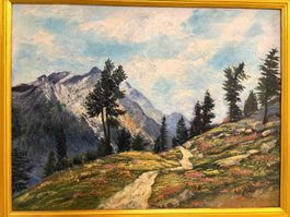 69x55hoch/ A. Steiger/ Öl Gemälde Berglandschaft Weg Bäumen