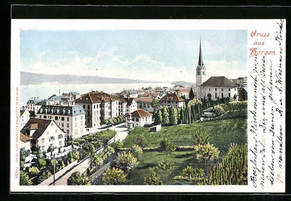 Cartoline postali: Horgen, Teilansicht mit Kirche und See – Usato da Berlin venduto da bartko-reher