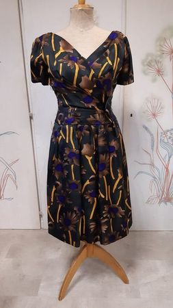 50er Jahre Vintage Seidenkleid in braun,goldgelb,dunkelblau