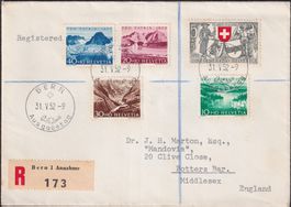 1952, FDC mit B56-B60 von BERN nach England, Kat: 65.-+