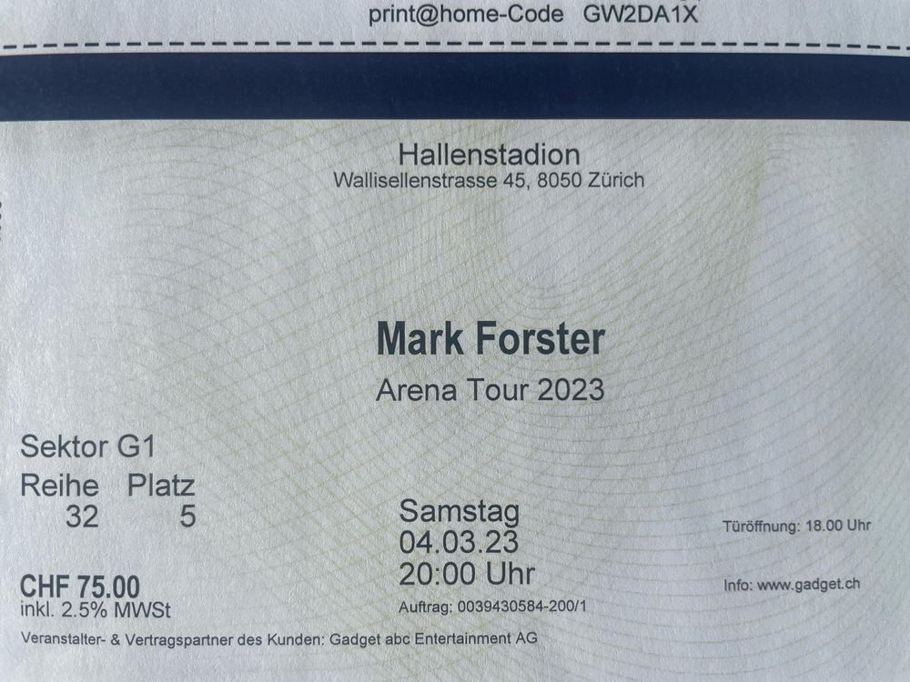 Mark Forster Arena Tour 2023, 4. Mai 2024 Kaufen auf Ricardo