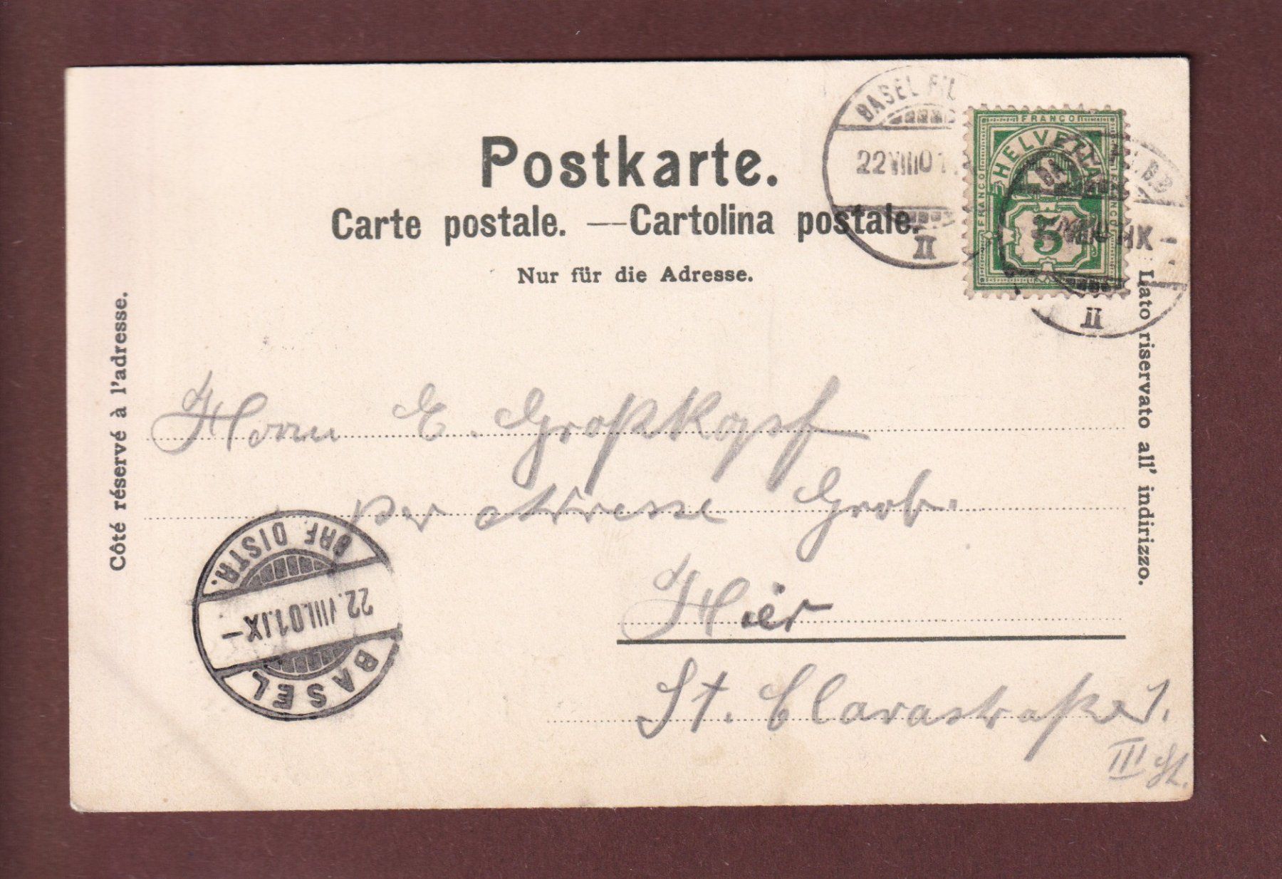 Cartoline postali: BASEL - Blick auf die alte Rheinbrücke - 1901 – Usato da Pully venduto da nicecards 1