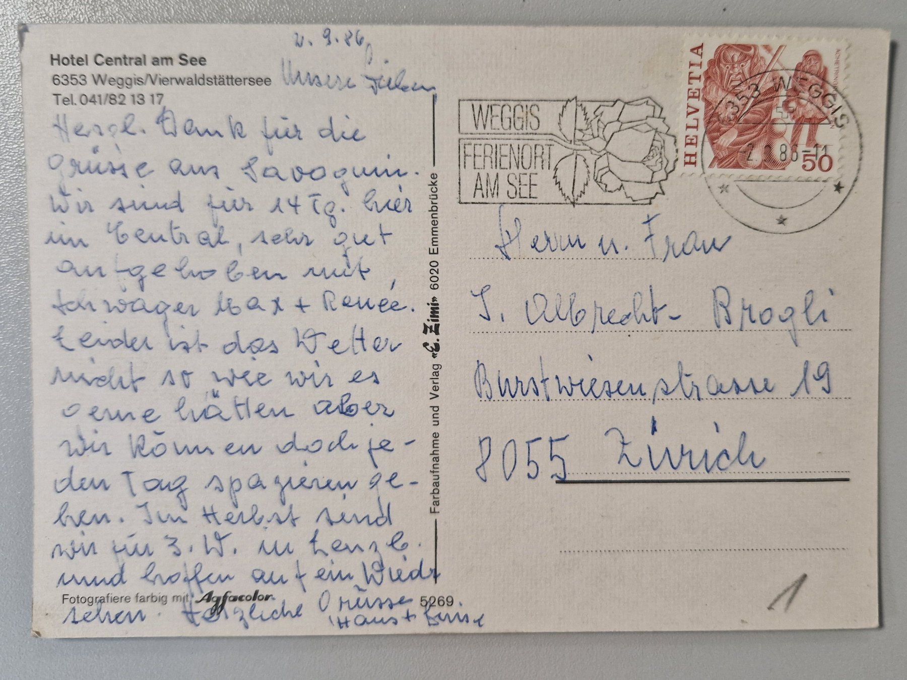 Cartoline postali: Hotel Central Weggis 1986 – Usato da Melchnau venduto da Arthurius 1
