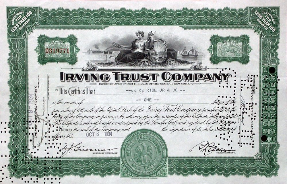 Documenti: Irving Trust Company - 1933 – Usato da Solothurn venduto da Sgasche