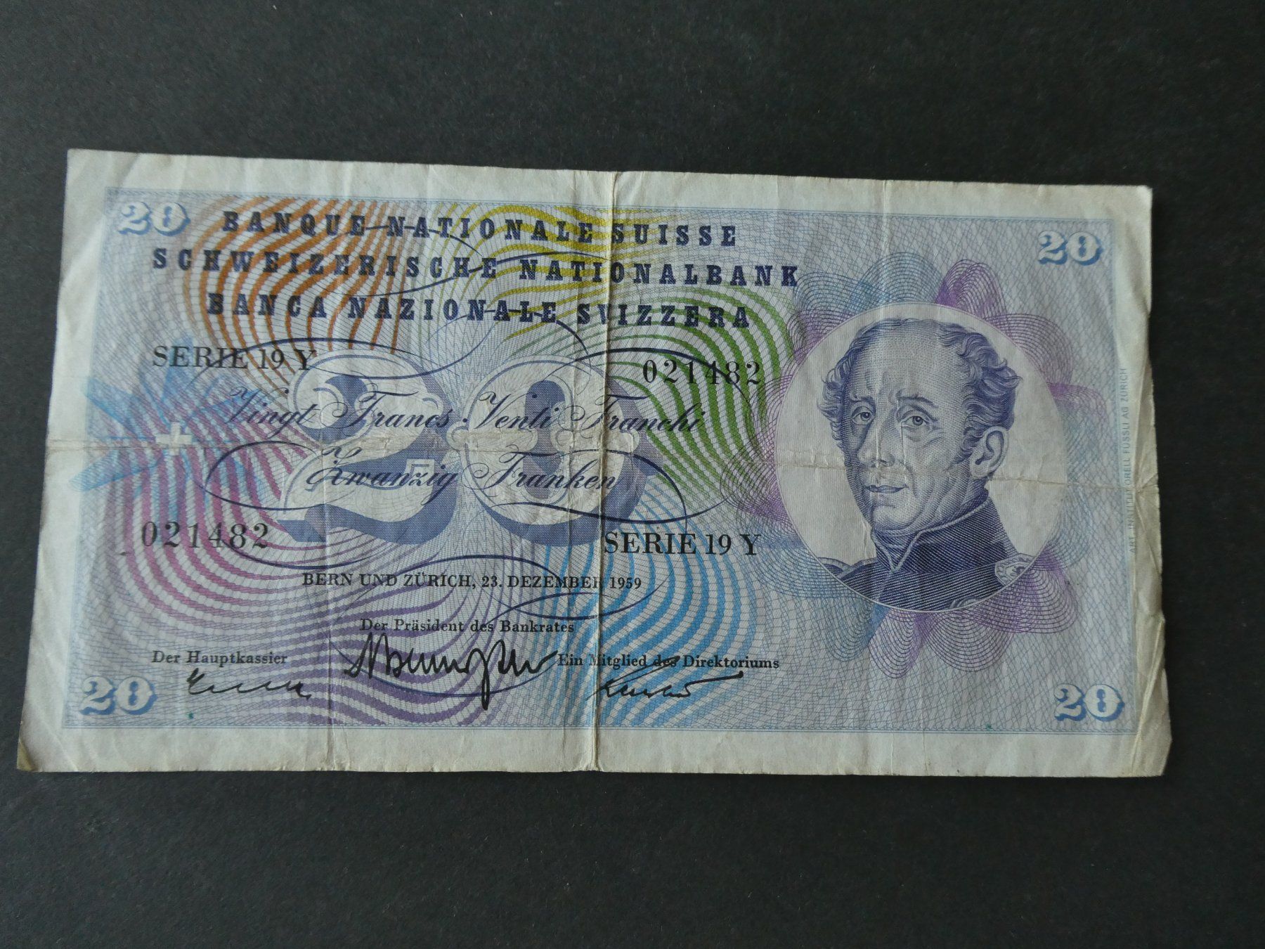 Banknoten: Schweiz 1959,  20 Franken – Gebraucht aus Hinterforst von Rohusri