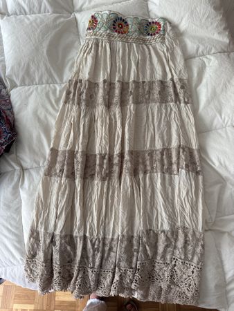 Jupe longue bohème été brodée et dentelle beige T.38