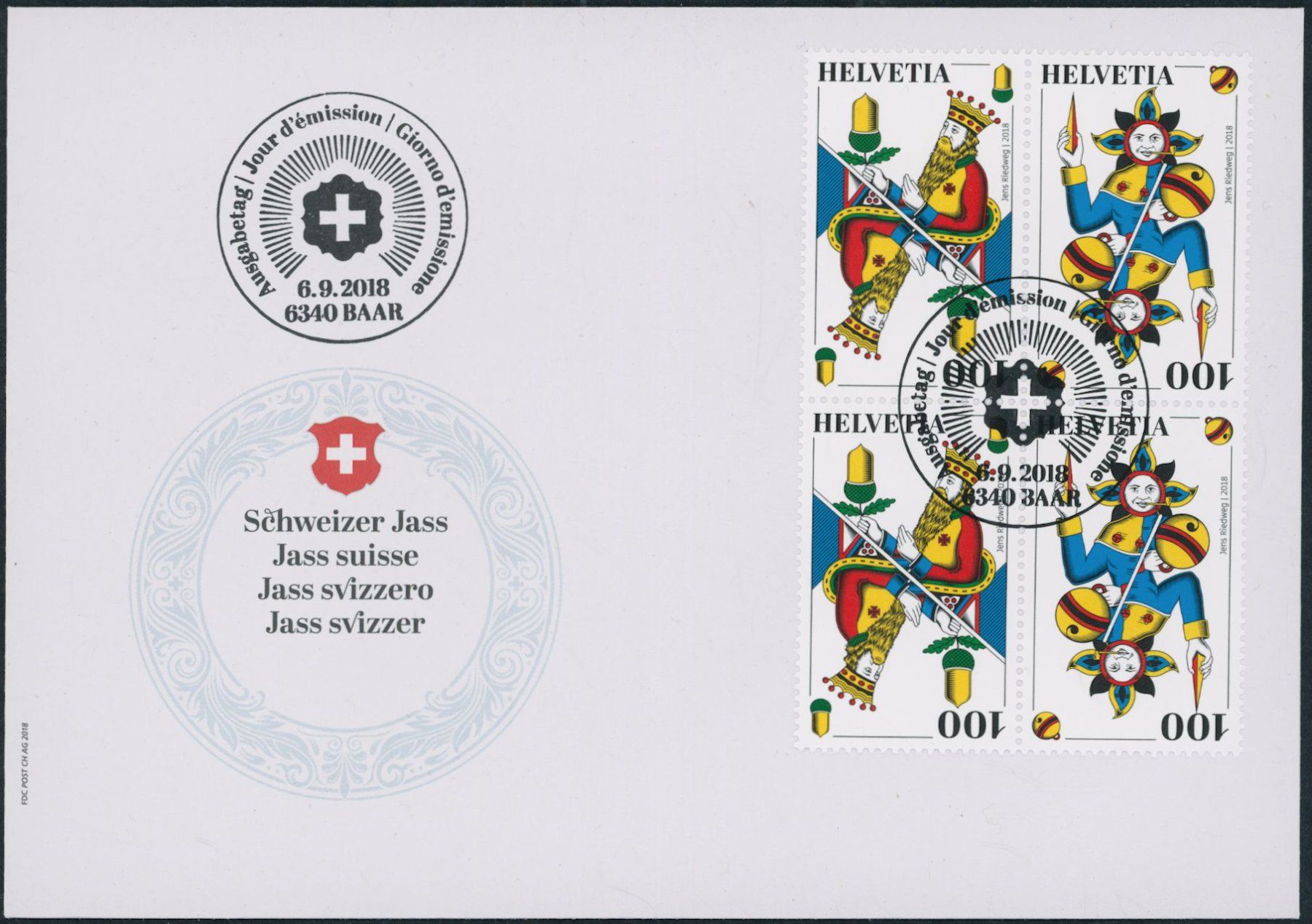 Tutti i francobolli: 2018 - Schweizer Jass - Viererblock - Zusammenhängende - FDC – Usato da Schindellegi venduto da leecollect 2