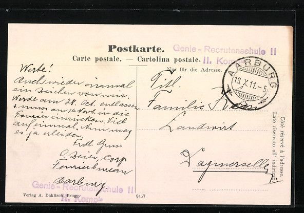 Ansichtskarten: AK Brugg, Kaserne, 1911 – Gebraucht aus Berlin von bartko-reher 1