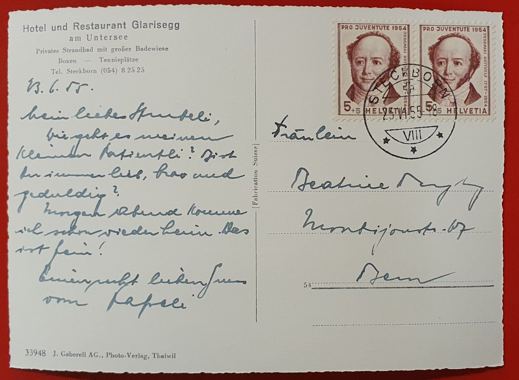 Cartoline postali: Steckborn 1955 - Hotel Glarisegg – Usato da Kreuzlingen venduto da Rschweiz1 1
