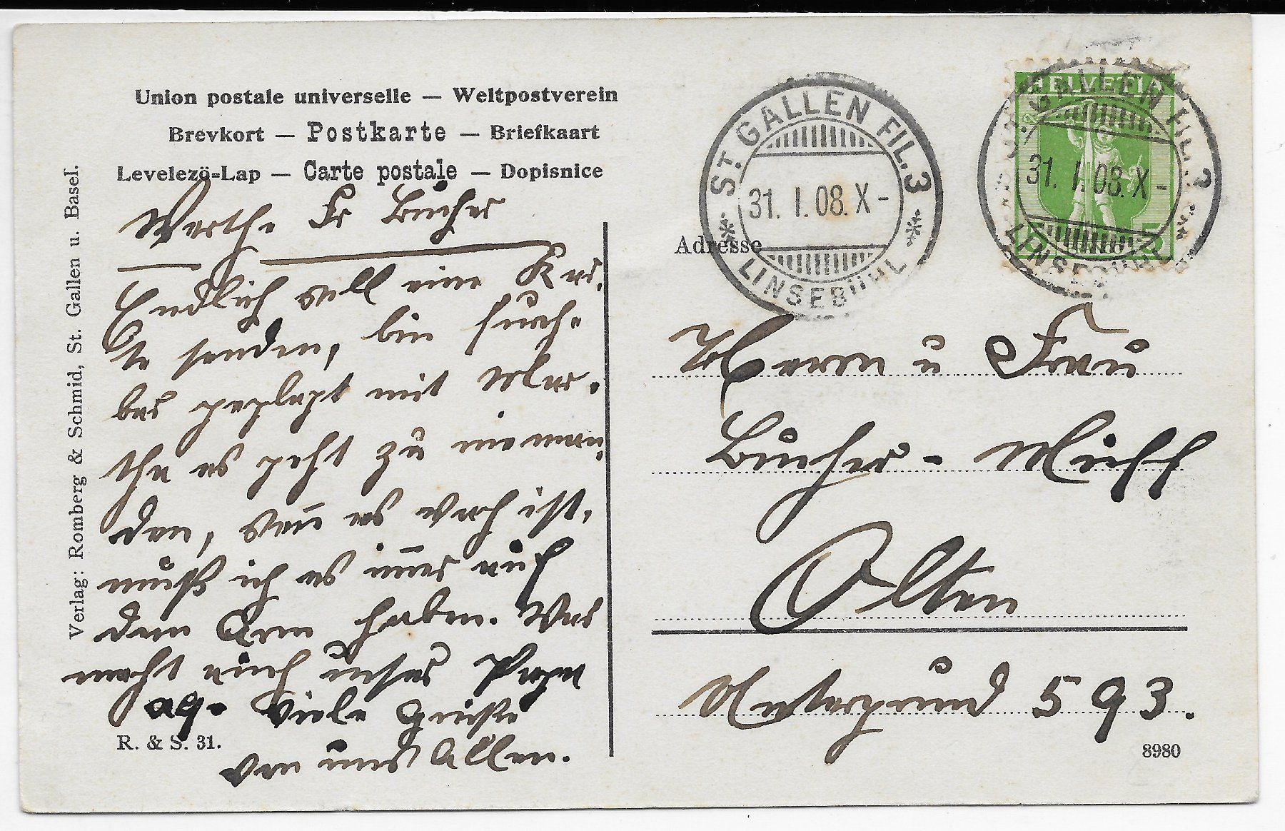 Ansichtskarten: St. Gallen, Dufourstrasse mit Park um 1908 – Gebraucht aus Hefenhofen von Richsalz 1