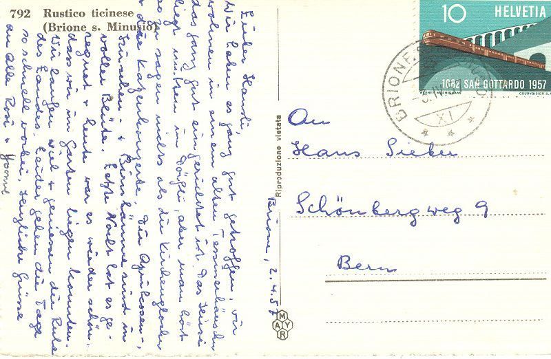 Cartoline postali: Brione s. Minusio + 1957 – Usato da Emmenbrücke venduto da teestube 1