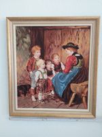 Bild Stickerei Vintage Frau mit Kindern und Hund Goldrahmen