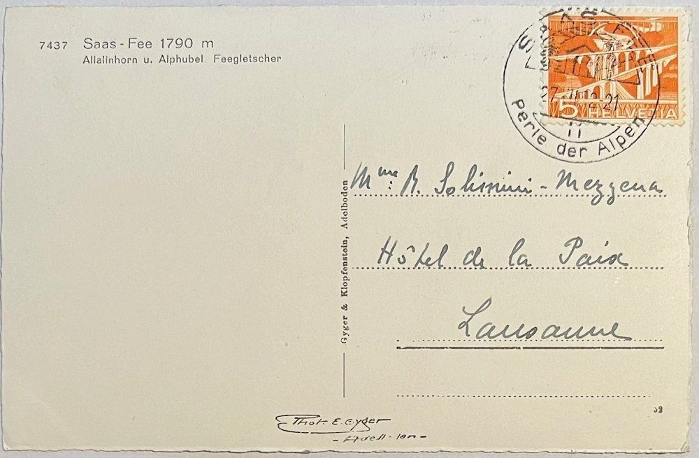 Cartoline postali: CP/AK: Saas Fee - Allalinhorn u. Alphubel Feegletscher 1952 – Usato da Tramelan venduto da MHK79 1