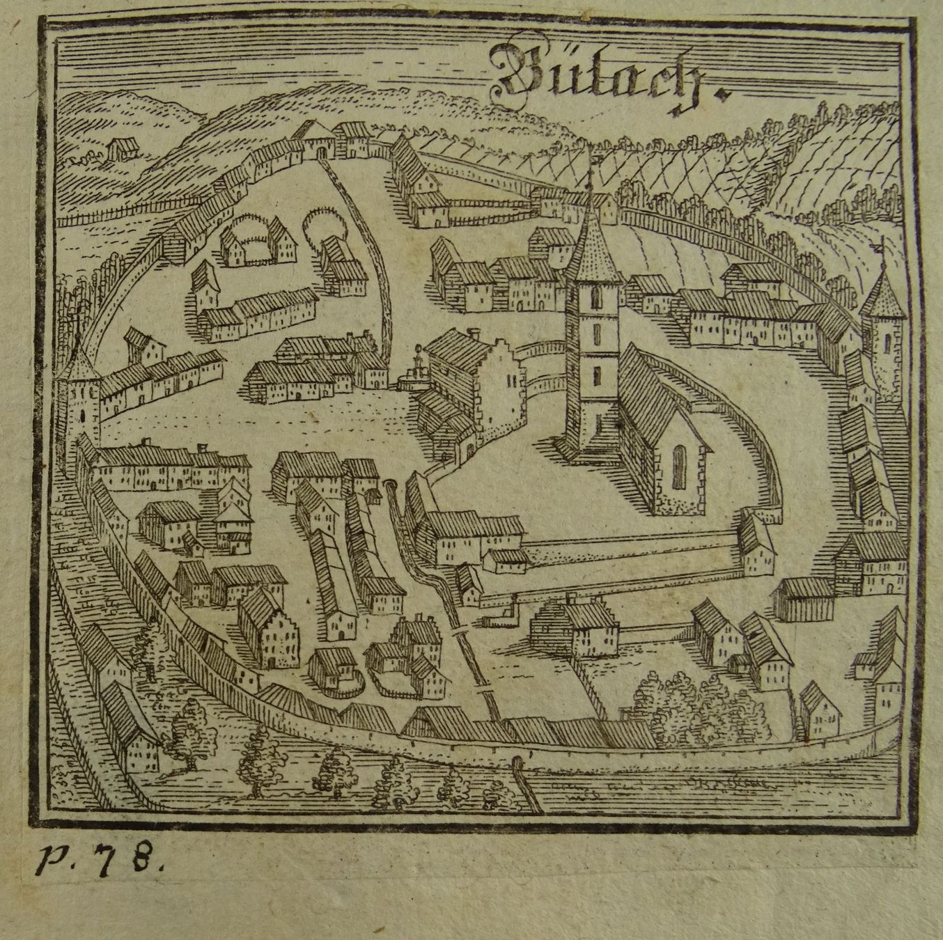 Stiche: BÜLACH, KUPFERSTICH, BLUNTSCHLI 1742 – Gebraucht aus Grüningen von Kartensammler
