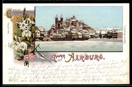 Winter-Lithographie Aarburg, Ortsansicht vom Wasser aus