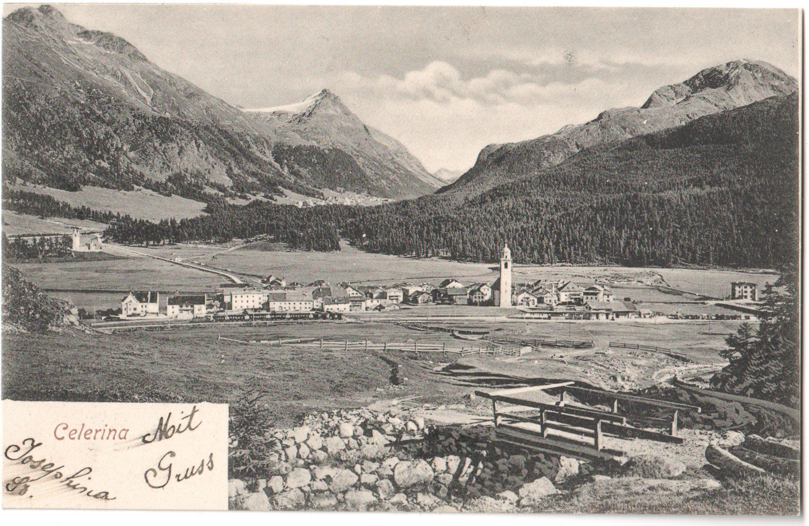 Cartoline postali: CELERINA: Aussenansicht mit Bahnhoft 1905 – Usato da Engelburg venduto da Swisscards 1
