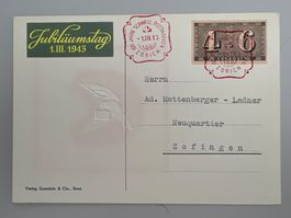1943 100J. Schw. Postmarken Karte Baselertaube mit W15
