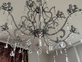Art Deco metal chandelier with crystal pendants