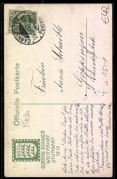 Cartoline postali: Stuttgart, Gordon Bennet-Wettfahrt 1912, – Usato da Berlin venduto da bartko-reher 1