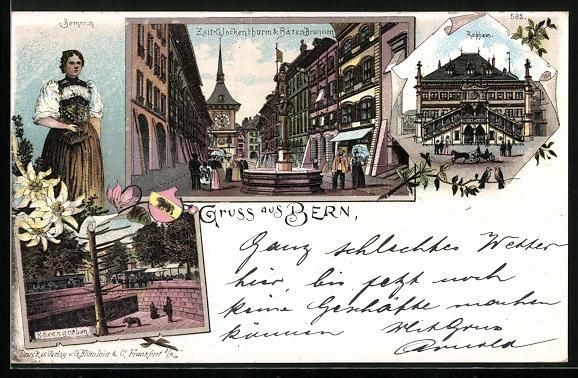 Cartoline postali: Litho Bern, Rathaus, Bernerin, Zeit-Gloc – Usato da Berlin venduto da bartko-reher