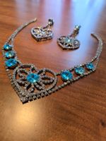 Vintage Schmuckset: Halskette & Ohrclips, blau, Herzform