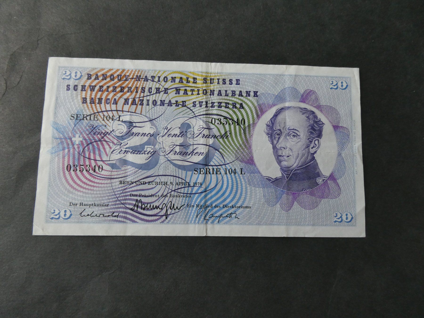 Banknoten: Schweiz 1976,  20 Franken – Gebraucht aus Hinterforst von Rohusri