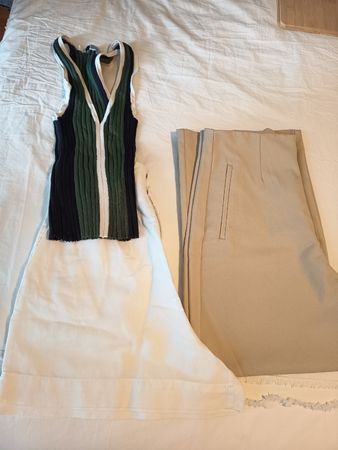 Summer Outfit Set. Tank Top, Beige Trousers and White Shorts