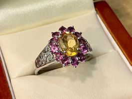 VINTAGE RING STERLING 925, CITRIN, AMETHYSTE, GR.57