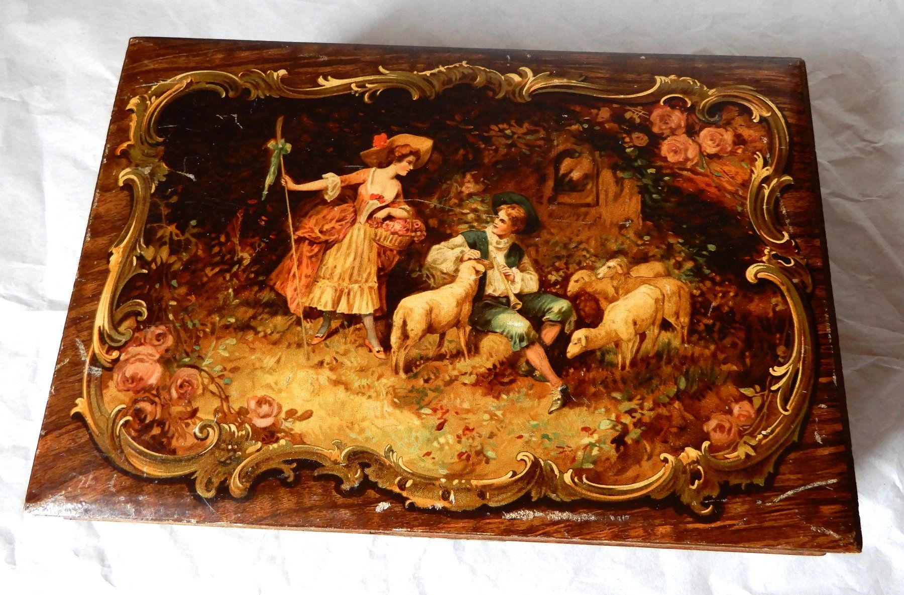 Barattoli: Antike Schmuckschatulle, Holz, Bild Schäferidyll. Schloss – Usato da Senèdes venduto da tintinette43