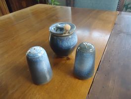 Ensemble pot à moutarde et salière/poivrière céramique bleu