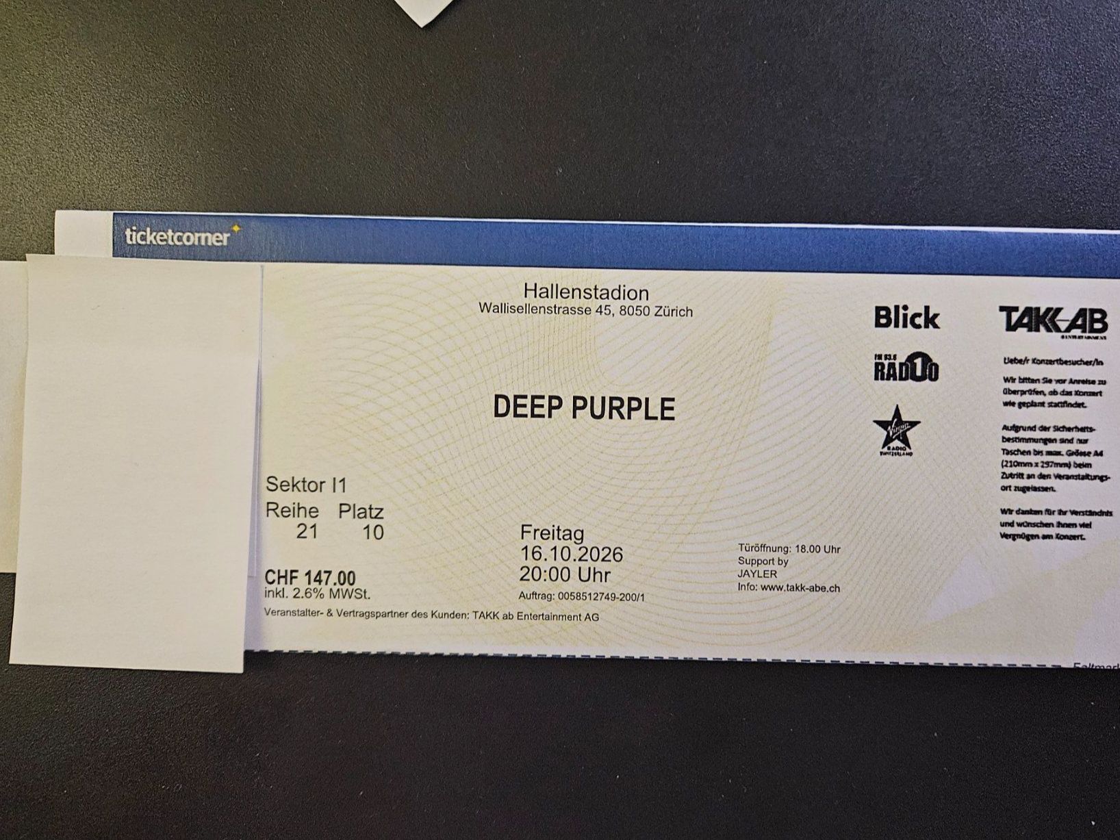Biglietti: Deep Purple Konzert - 16.10.2026 – Nuovo (secondo la descrizione) da Lenzburg venduto da Gini1