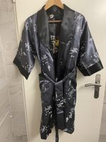 Reversible Dragon Kimono Robe, Satin, Black/Grey