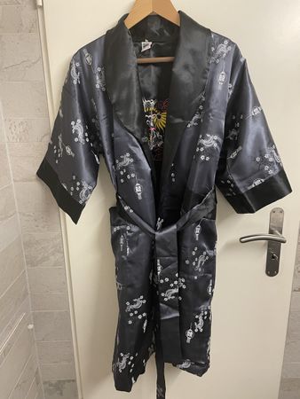 Reversible Dragon Kimono Robe, Satin, Black/Grey