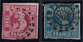 Bayrische 3 Kreuzer Briemarken ca.1850/60 mit Mühlradstempel