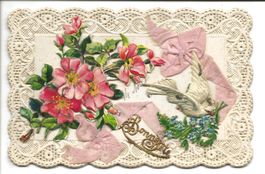 Kitsch-Karte mit Applikation: Bonne Fête - Taube - Rosen