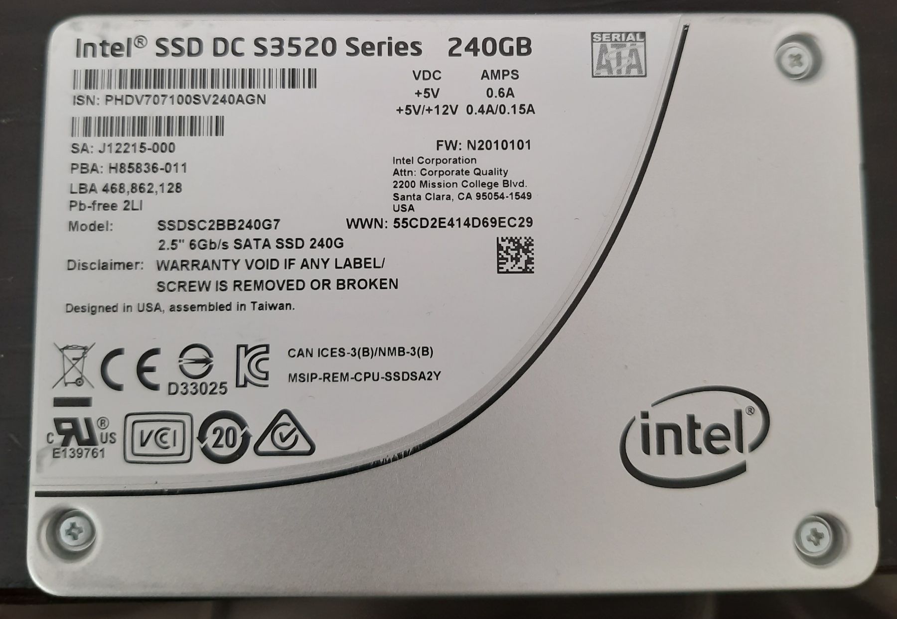 Intel Harddisks: 5x Intel SSD 240GB🙂 S3520 – Gebraucht aus Zürich von vik_q29w