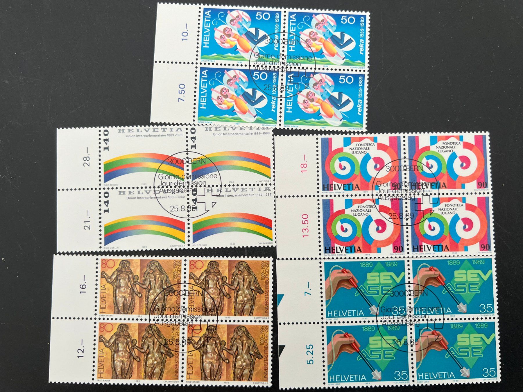 Tutti i francobolli: 1989  Erstag gest.Viererblock mit Tab (K62) – Usato da Hinwil venduto da Sidi4