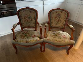 2x Antike Barock-Sessel/Fauteuils Gobelin handgestickt