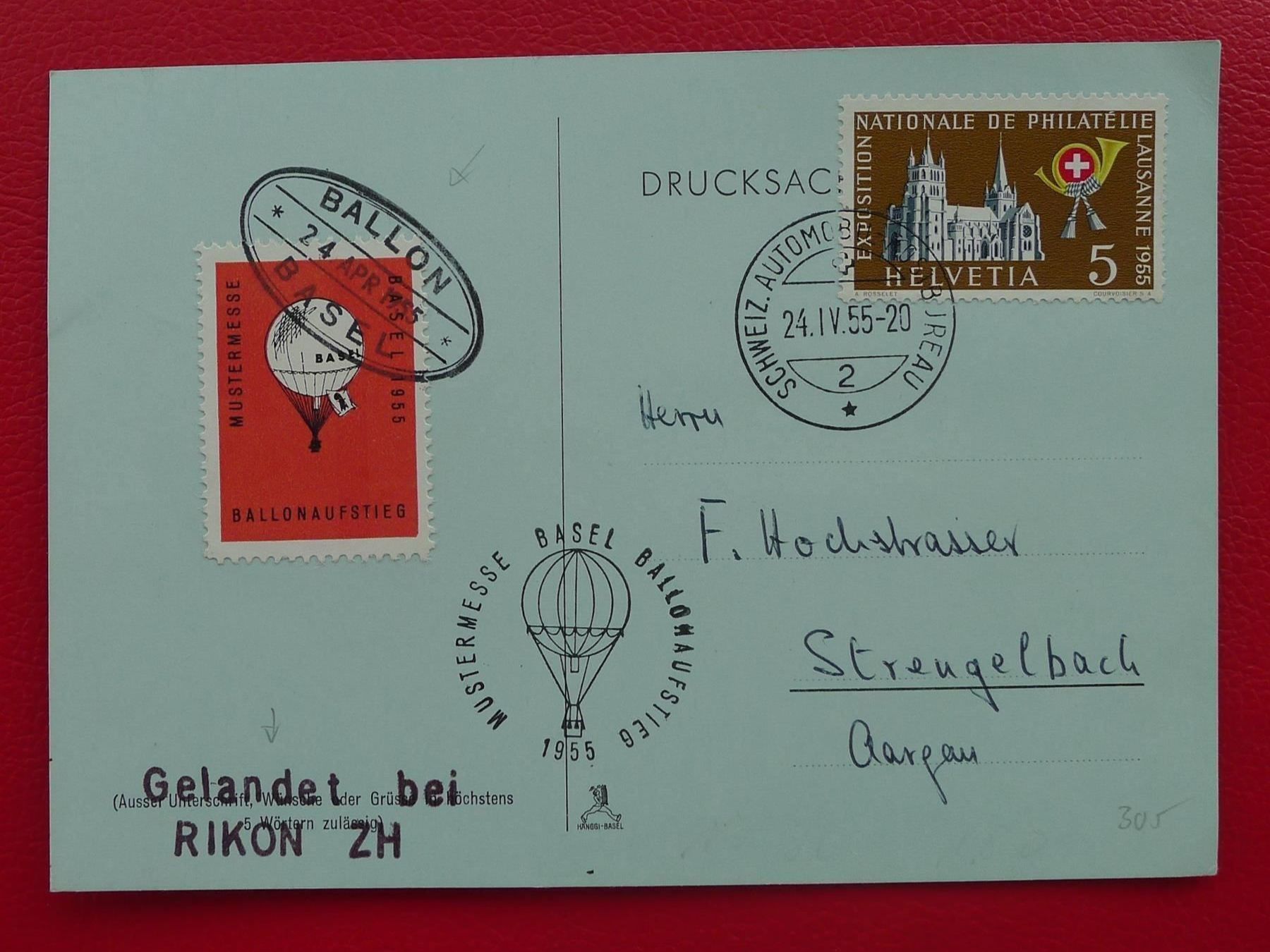 Tutti i francobolli: 1955: Ballonpost mit Vignette, BASEL-RIKON ZH – Usato da Sursee venduto da Luzernerraute