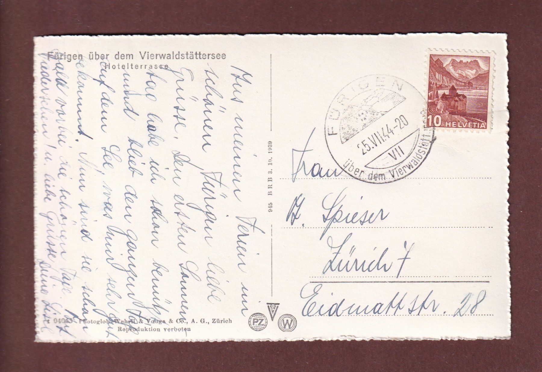 Ansichtskarten: FÜRIGEN - Hotelterrasse - 1944 – Gebraucht aus Pully von nicecards-shop 1