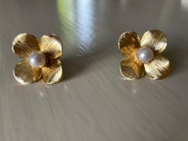 Boucles d'oreilles fleur or perle 1.5cm neuves été chic c...