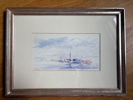 Aquarell Hafen gerahmt & signiert