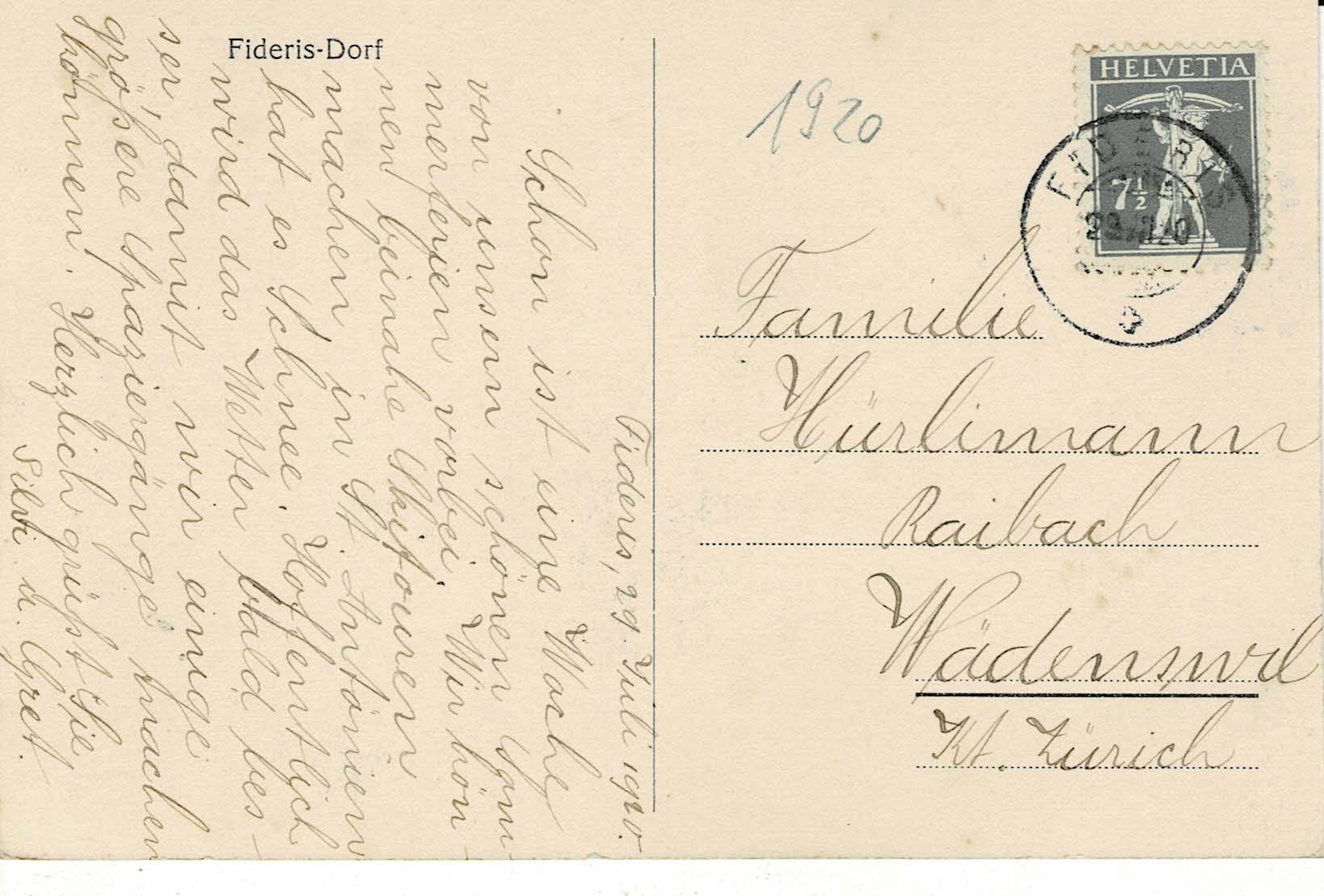 Cartes postales: FIDERIS - DORF GR gel. 1920! – D'occasion à Hergiswil NW par Kartenfrau 1