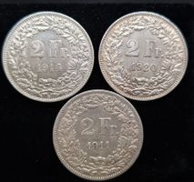Münzlot 2Fr. Silber 835/1000: 1911,1914 & 1920, vorzüglich