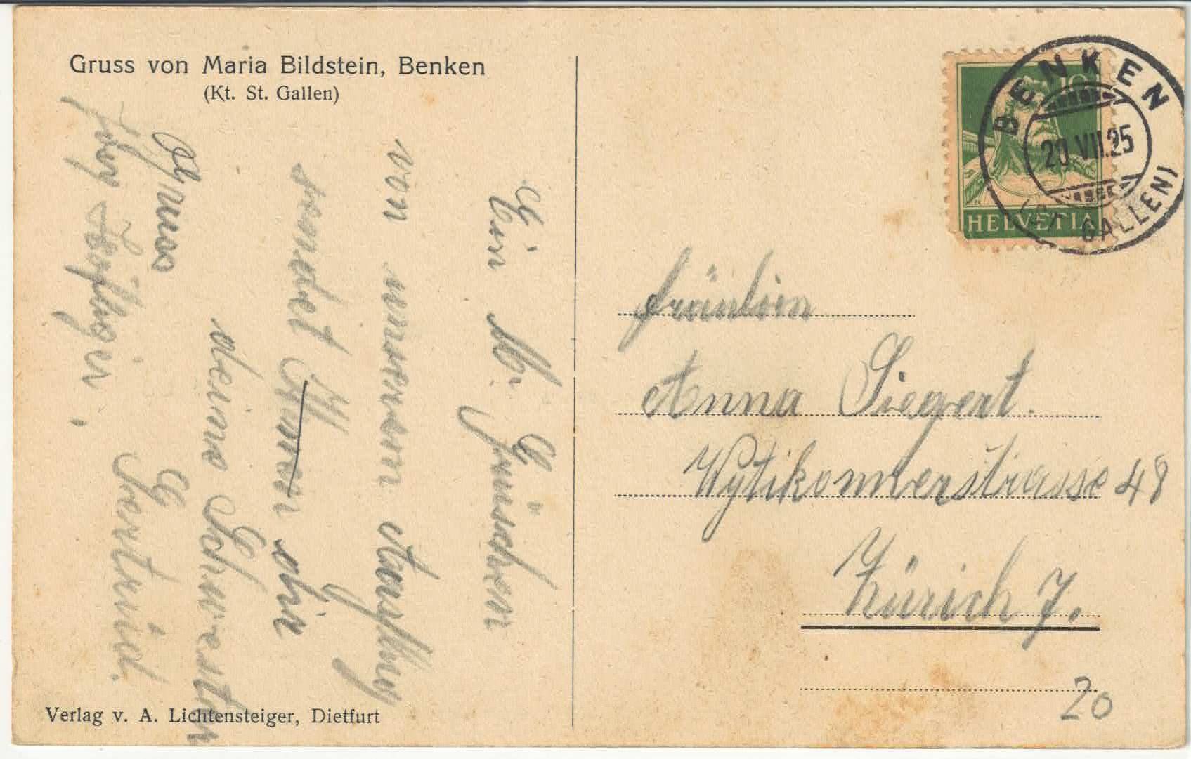 Cartoline postali: Gruss von Maria Bildstein Benken SG – Usato da Ettingen venduto da Kartenplanet 1