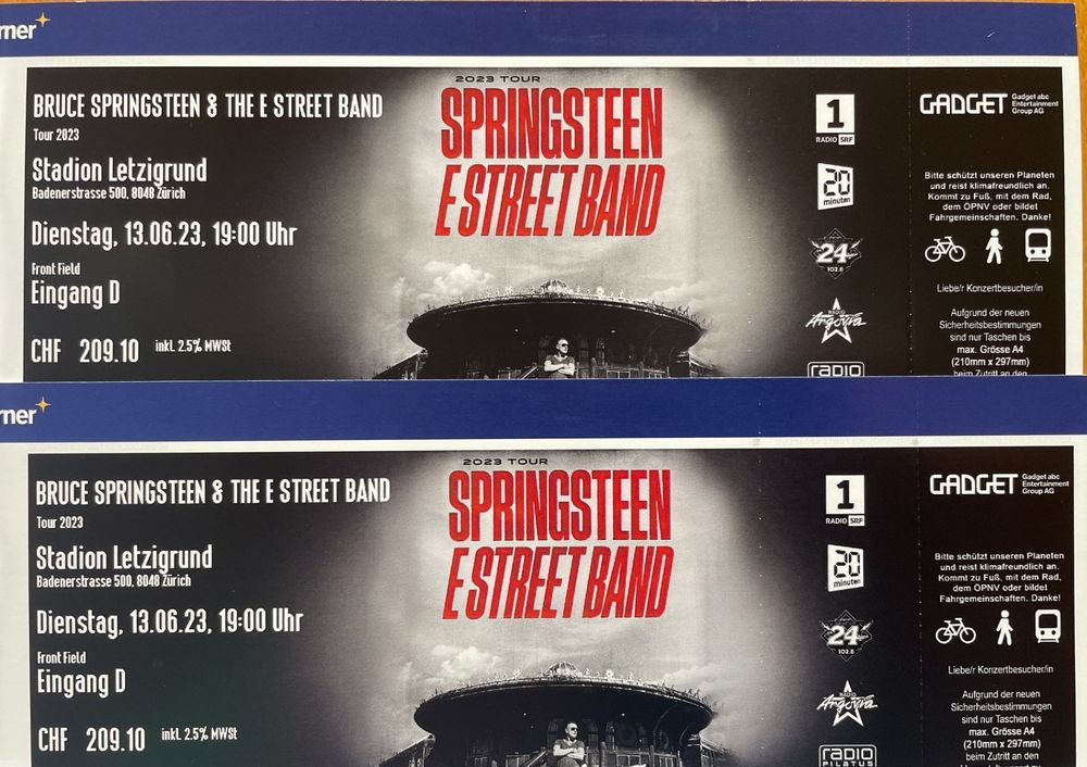⚠️2 TOP Tickets BRUCE SPRINGSTEEN Front Field Zürich 13.6.23 (Neu ...