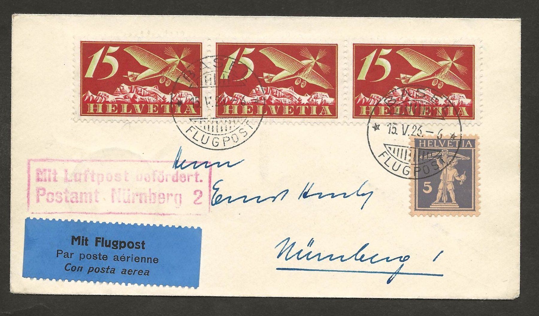 Tutti i francobolli: Flugpost Schweiz 1926 Basel Nürnberg Luftpost Erstflug – Usato da Au ZH venduto da xelagreb01