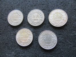 5 Schweizer SILBER Zweifränkler von 1945, 1946, 1957, 1959