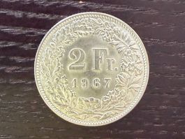 1 x 2 Franken Schweiz 1967 – sehr schöner Stempelglanz